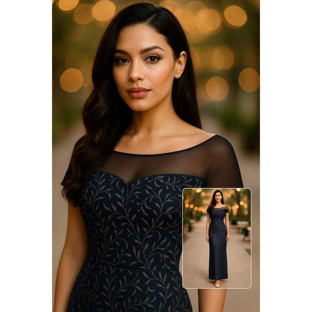 JS Collections "Reese" Navy Column Gown with Sheer Illusion Neckline  Size 8